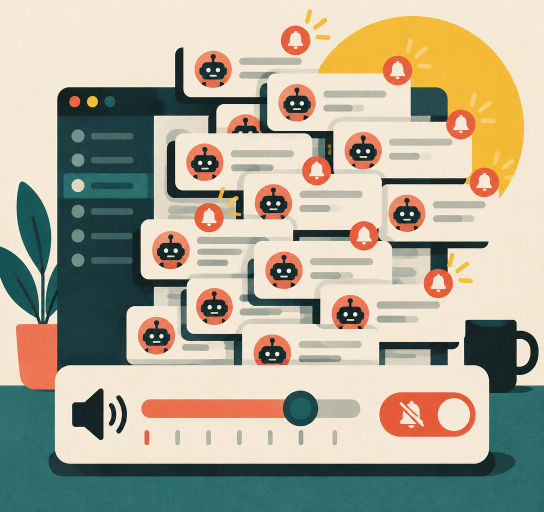 Flat illustration of a workplace chat overwhelmed by stacked bot notifications above a volume threshold slider and mute toggle