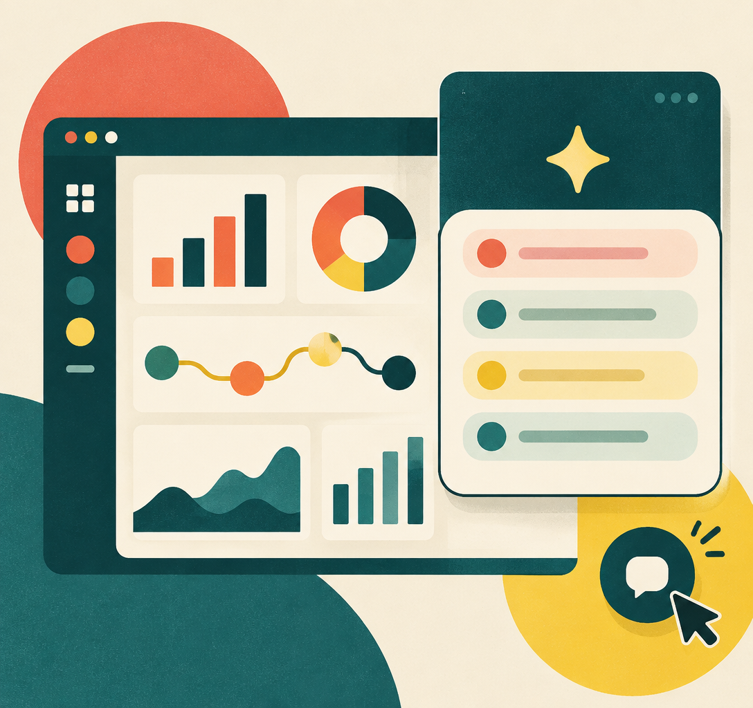 Flat illustration of an enterprise data dashboard with an AI chat concierge panel of suggestive prompts and a chat launcher button