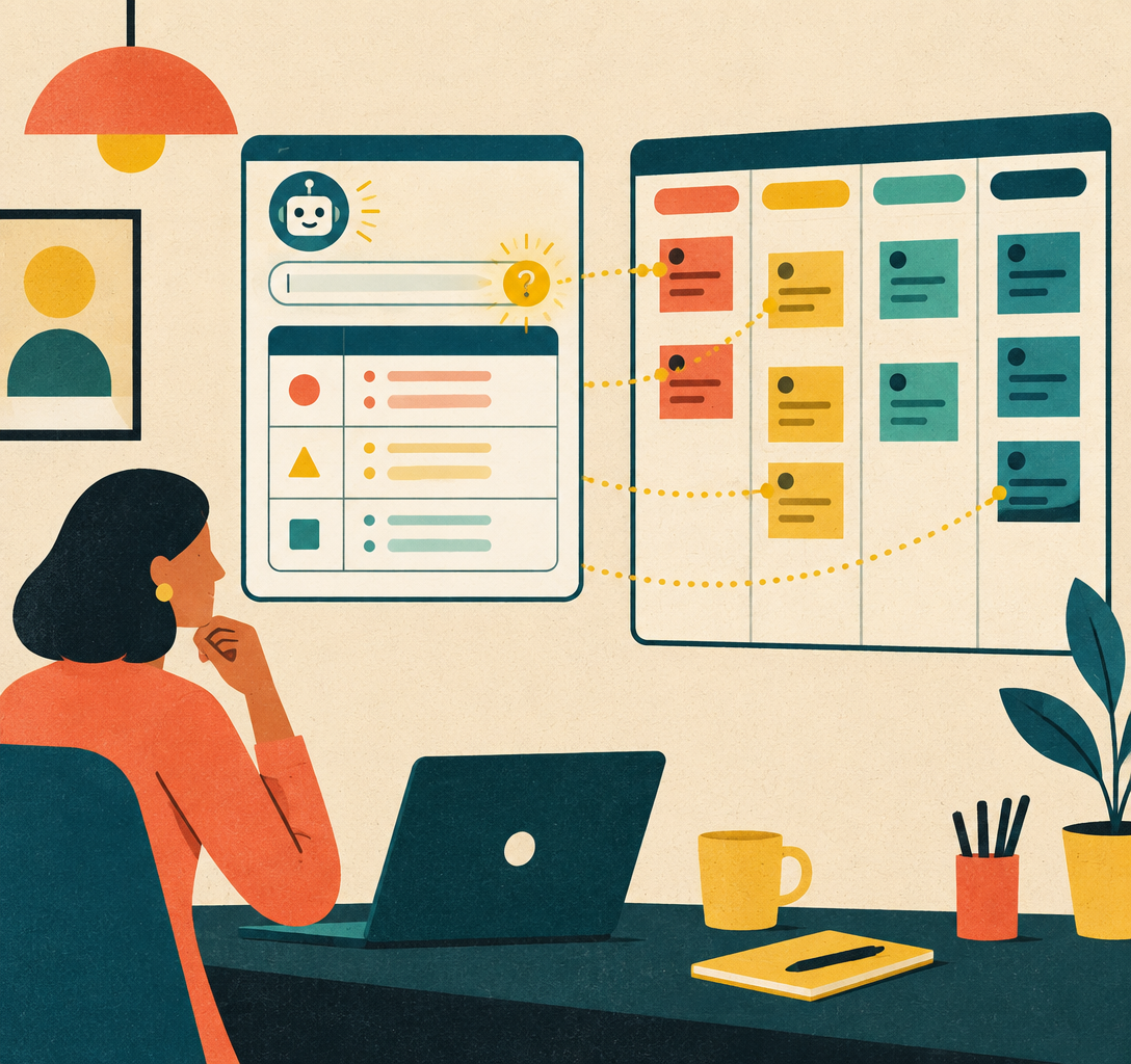 Flat illustration of a seller at a desk with an AI assistant chat panel showing a prompt bar and a tabular answer, next to a sales pipeline board
